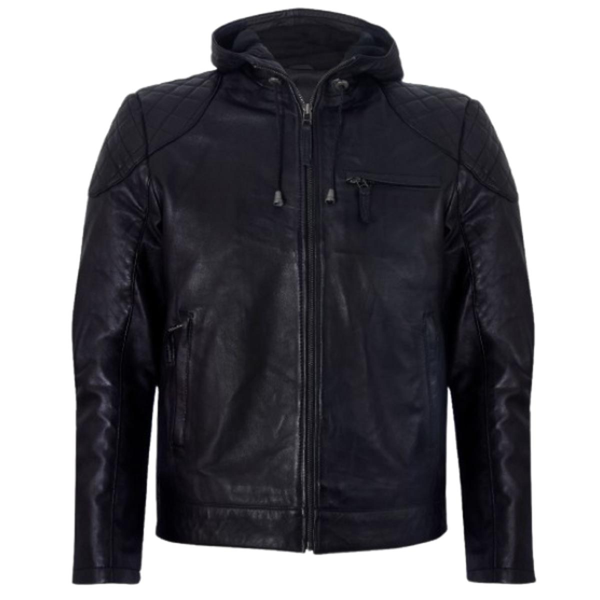 Giubbotto bomber con cappuccio in pelle nera da uomo
