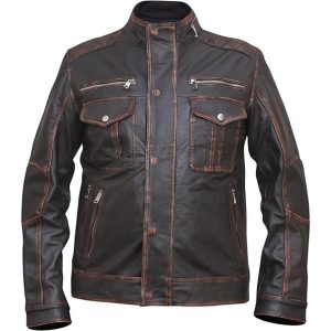Giacca da uomo in pelle vintage con sei tasche, marrone scuro e effetto invecchiato