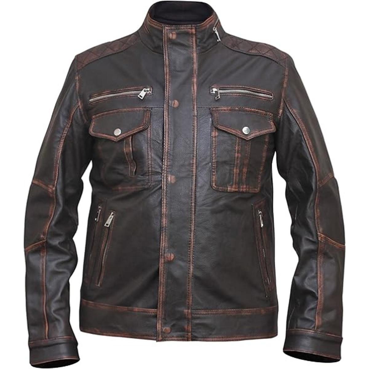 Giacca da uomo in pelle vintage con sei tasche, marrone scuro e effetto invecchiato