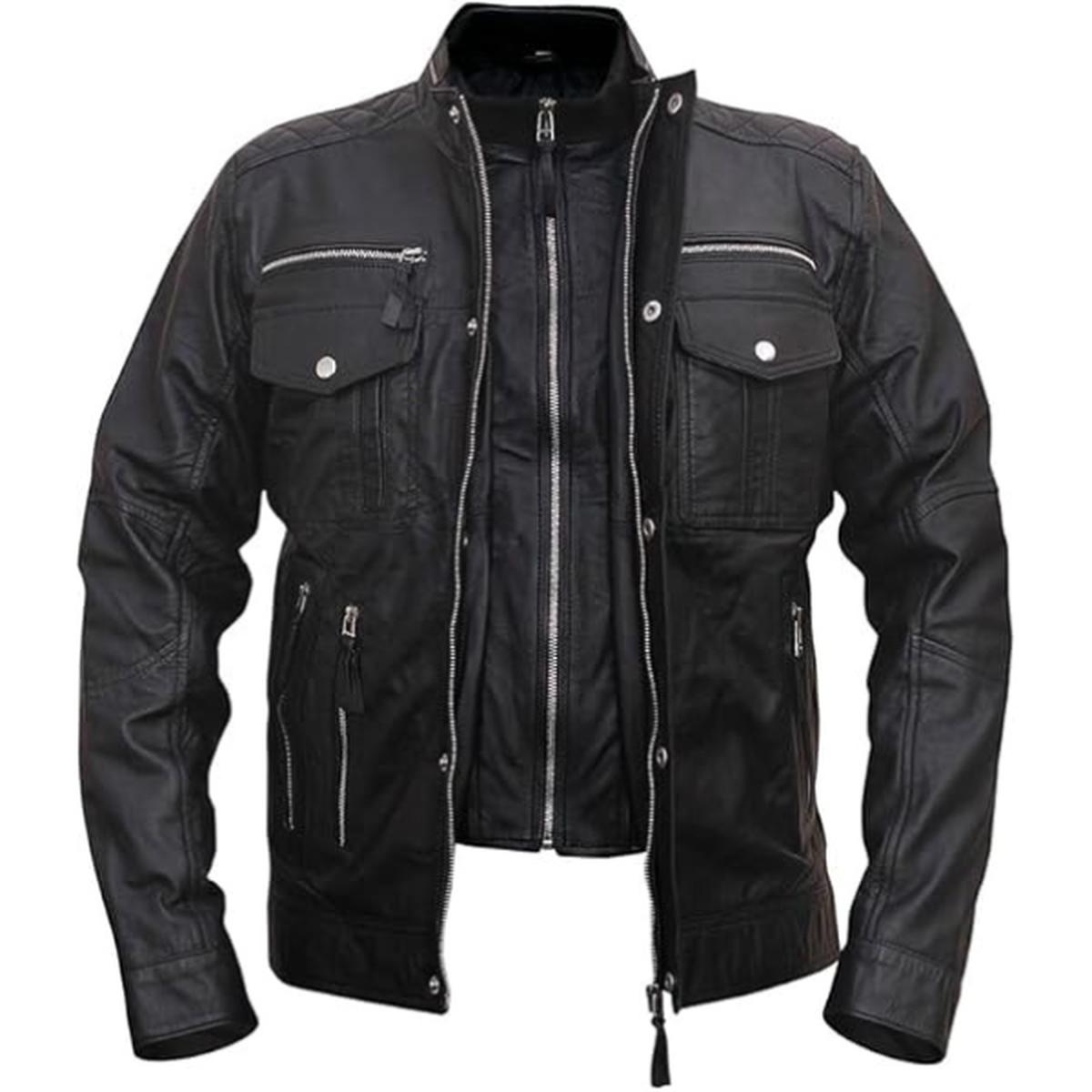 Giacca in pelle di pecora Cafe Racer da uomo, nera