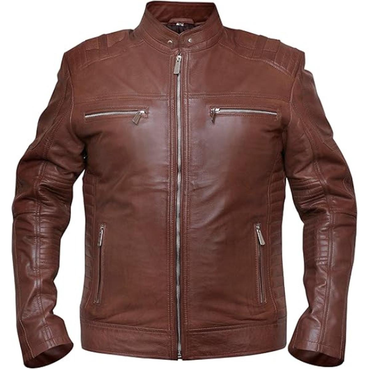 Giacca in pelle da uomo stile Café Racer marrone scuro