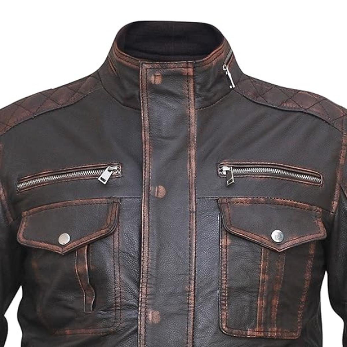 Giacca da uomo in pelle vintage con sei tasche, marrone scuro e effetto invecchiato