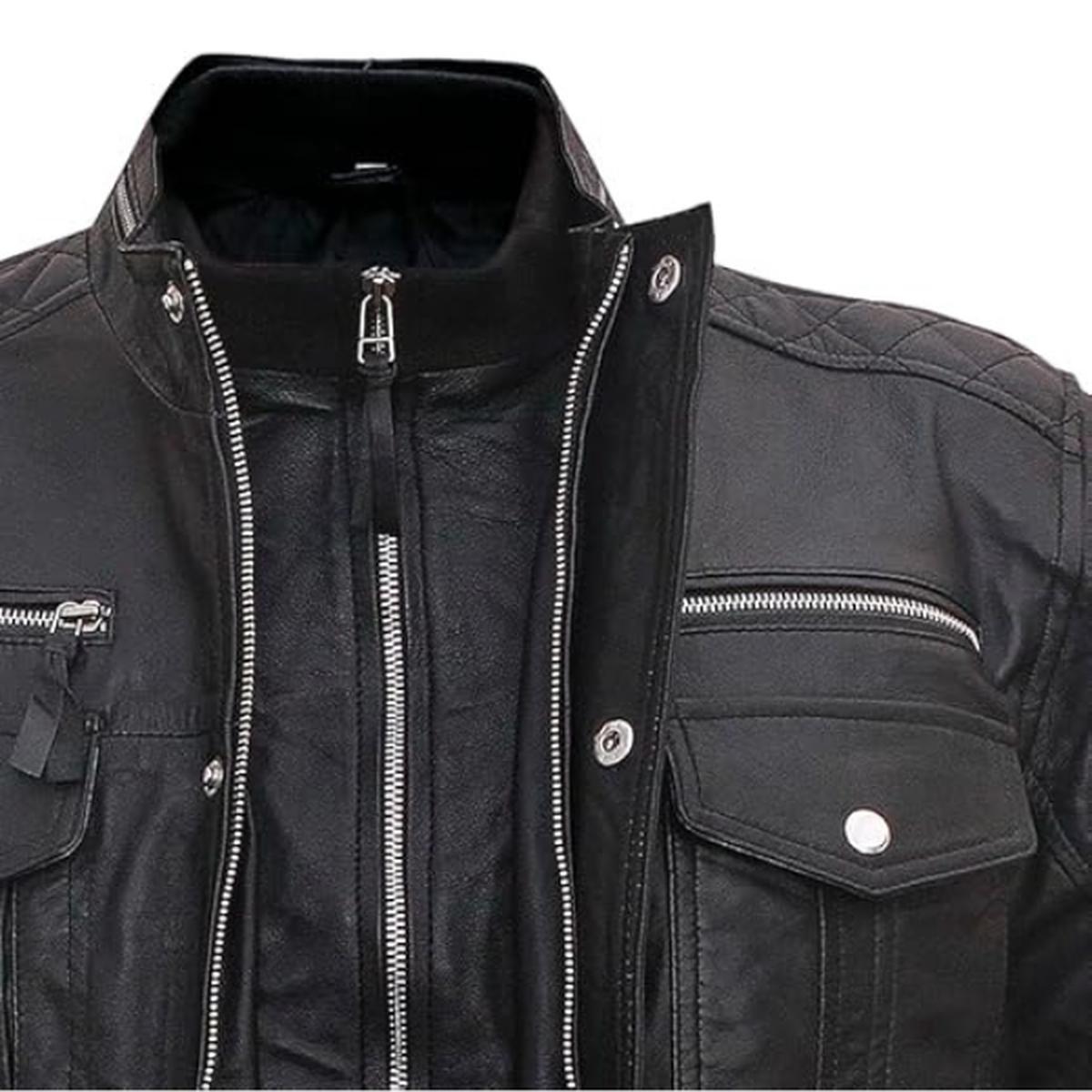 Giacca in pelle di pecora Cafe Racer da uomo, nera