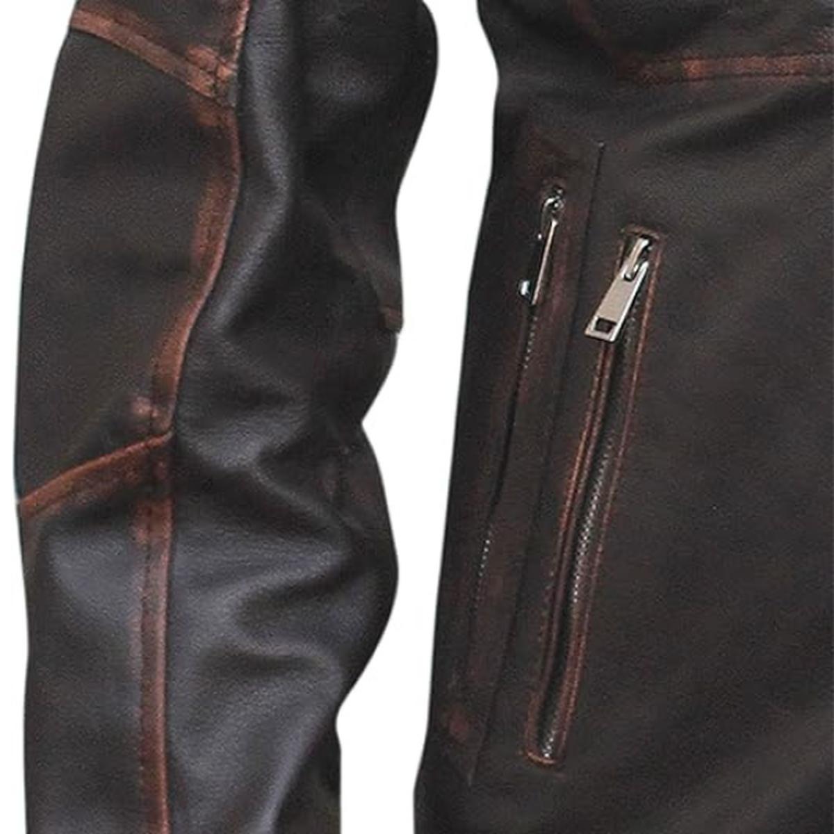 Giacca da uomo in pelle vintage con sei tasche, marrone scuro e effetto invecchiato