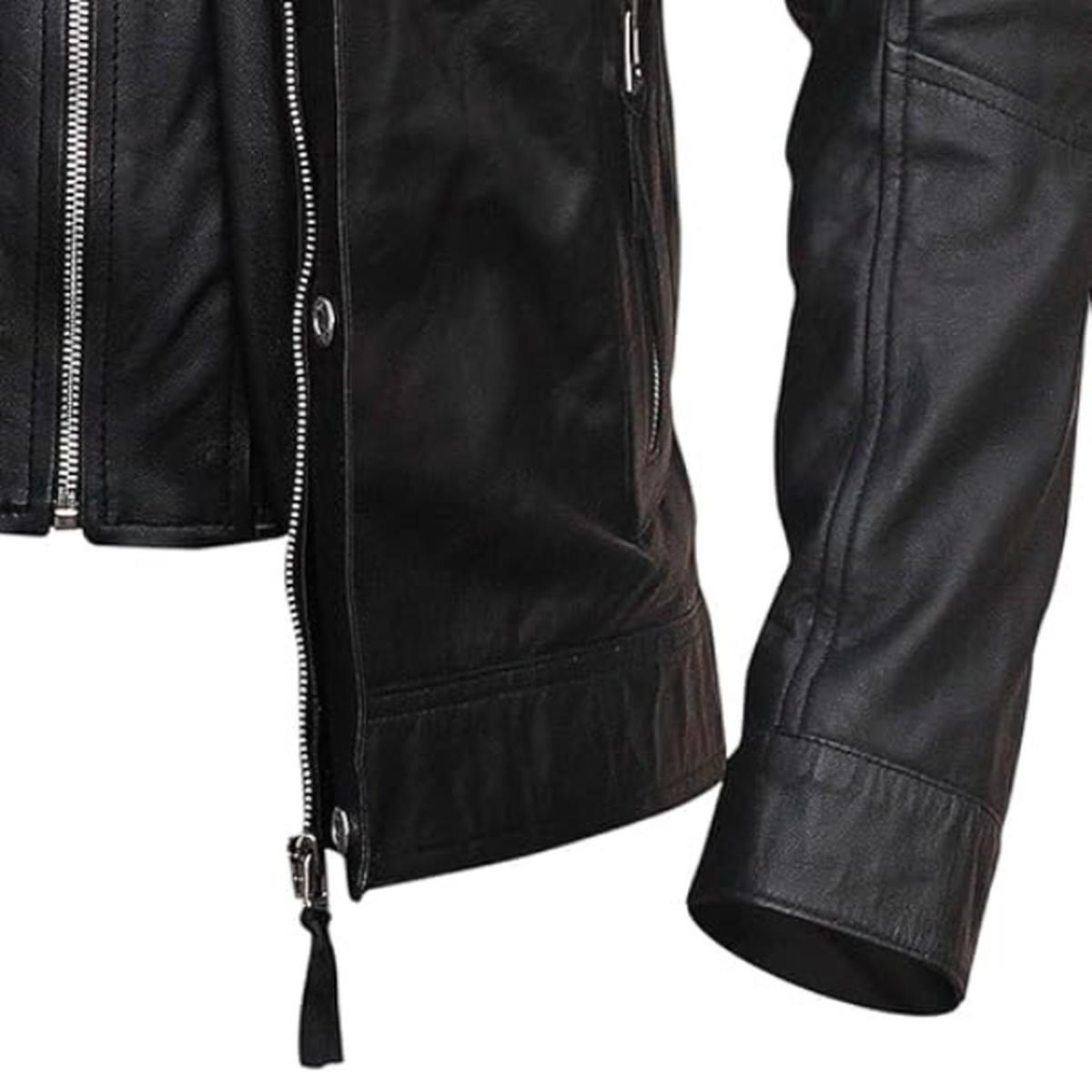 Giacca in pelle di pecora Cafe Racer da uomo, nera