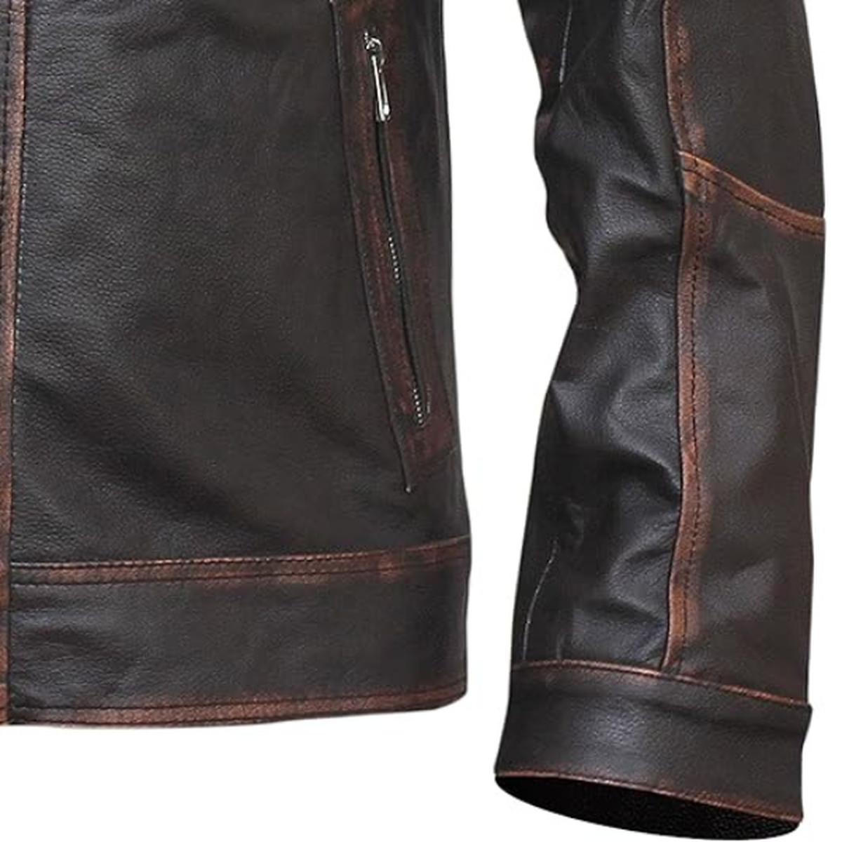 Giacca da uomo in pelle vintage con sei tasche, marrone scuro e effetto invecchiato