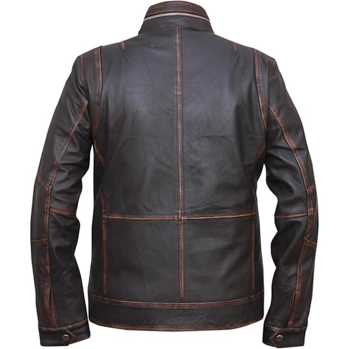 Giacca da uomo in pelle vintage con sei tasche, marrone scuro e effetto invecchiato