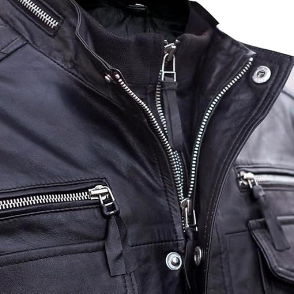 Giacca in pelle di pecora Cafe Racer da uomo, nera