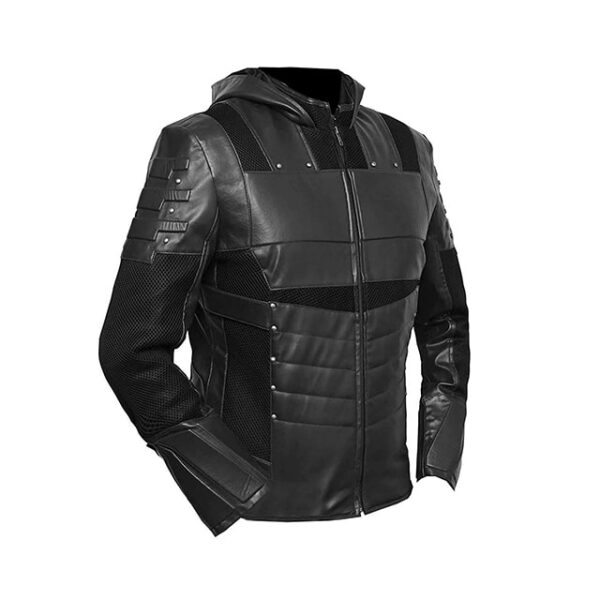 Giacca in pelle nera con cappuccio Arrow Oliver Green