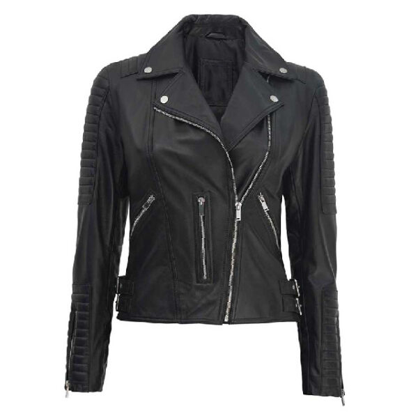 Giacca in pelle da motociclista nera di classe da donna
