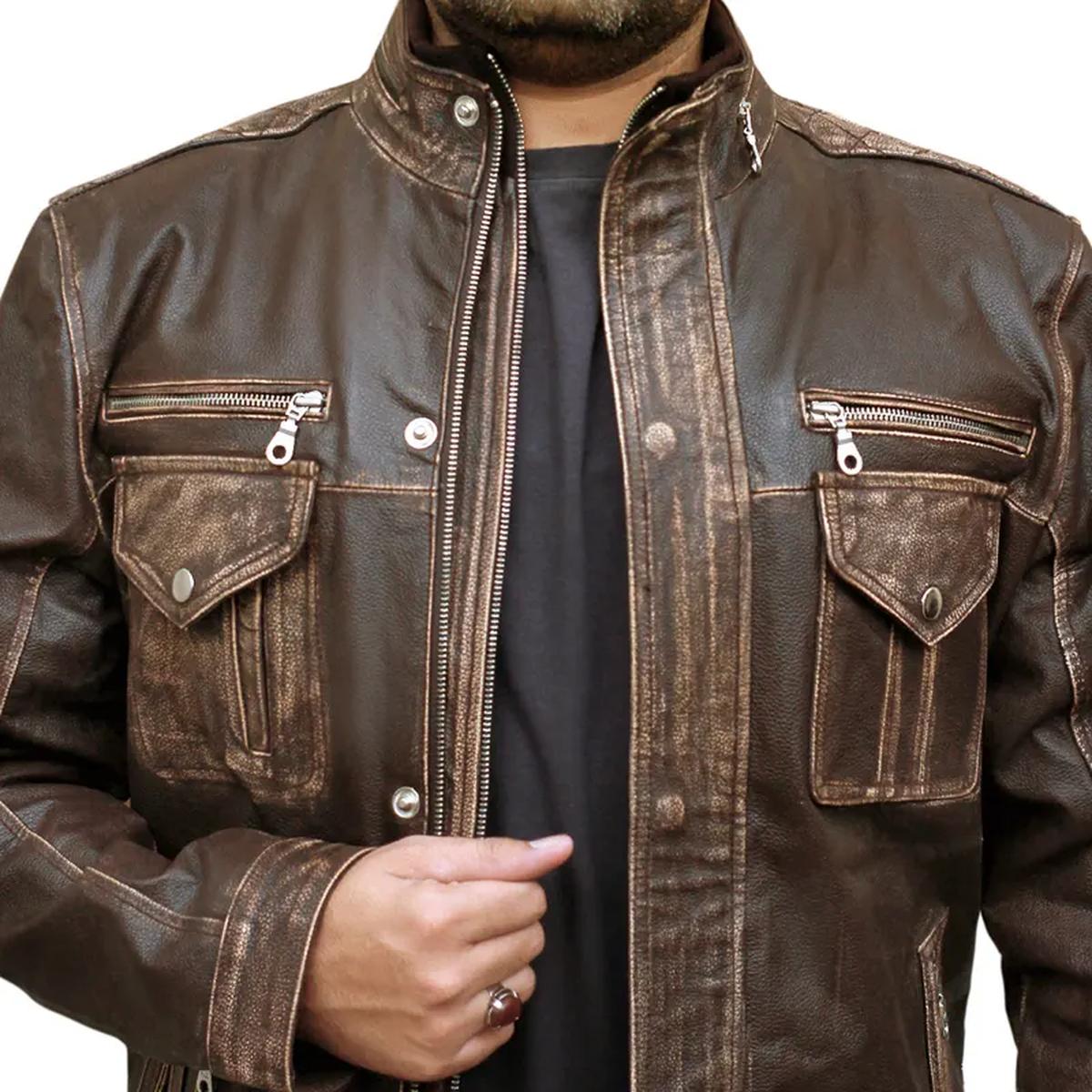 Giacca da motociclista da uomo in vera pelle marrone, stile Cafe Moto Racer