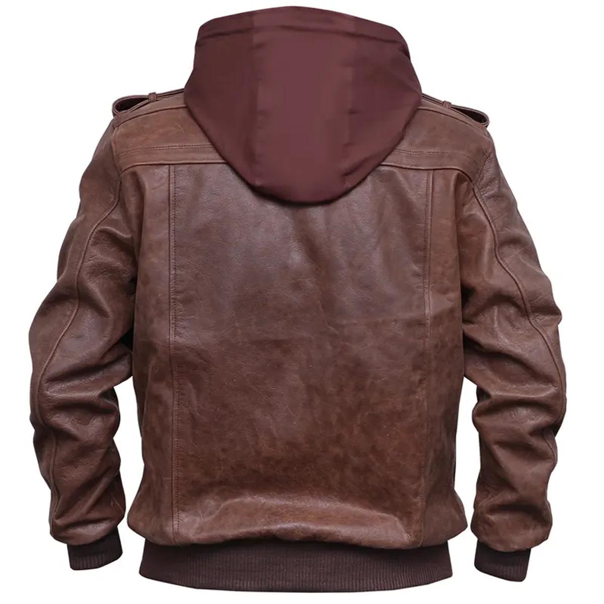 Giacca bomber marrone in pelle invecchiata da uomo con cappuccio