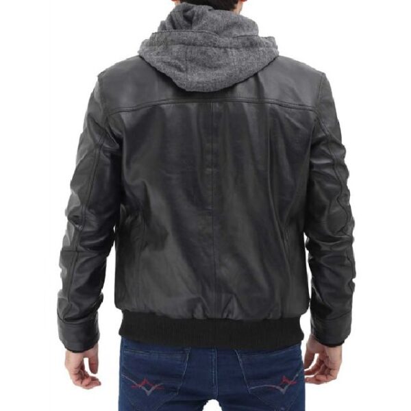 Giacca in pelle nera da motociclista da uomo con cappuccio