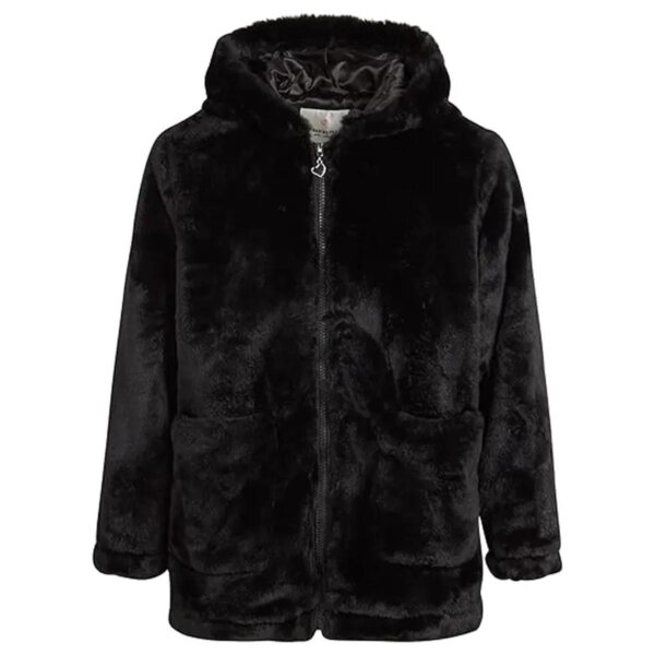 Cappotto in pelliccia sintetica nera con cappuccio