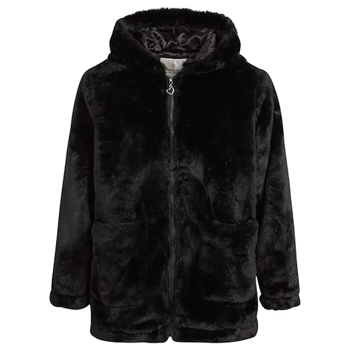 Cappotto in pelliccia sintetica nera con cappuccio