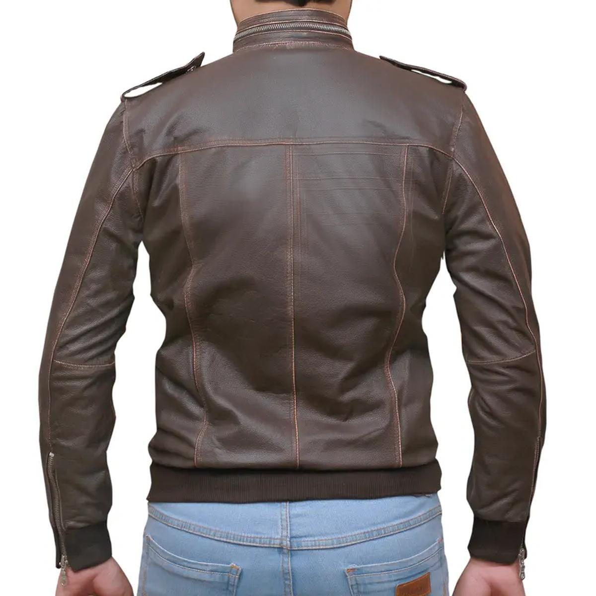 Giacca da motociclista in pelle di pecora marrone da uomo