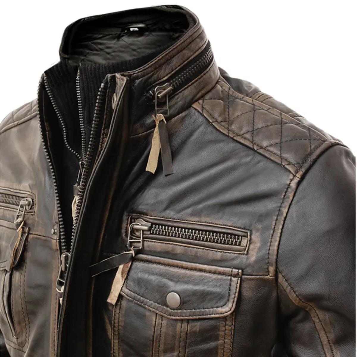 Giacca da motociclista in pelle marrone anticata da uomo, modello Café Racer
