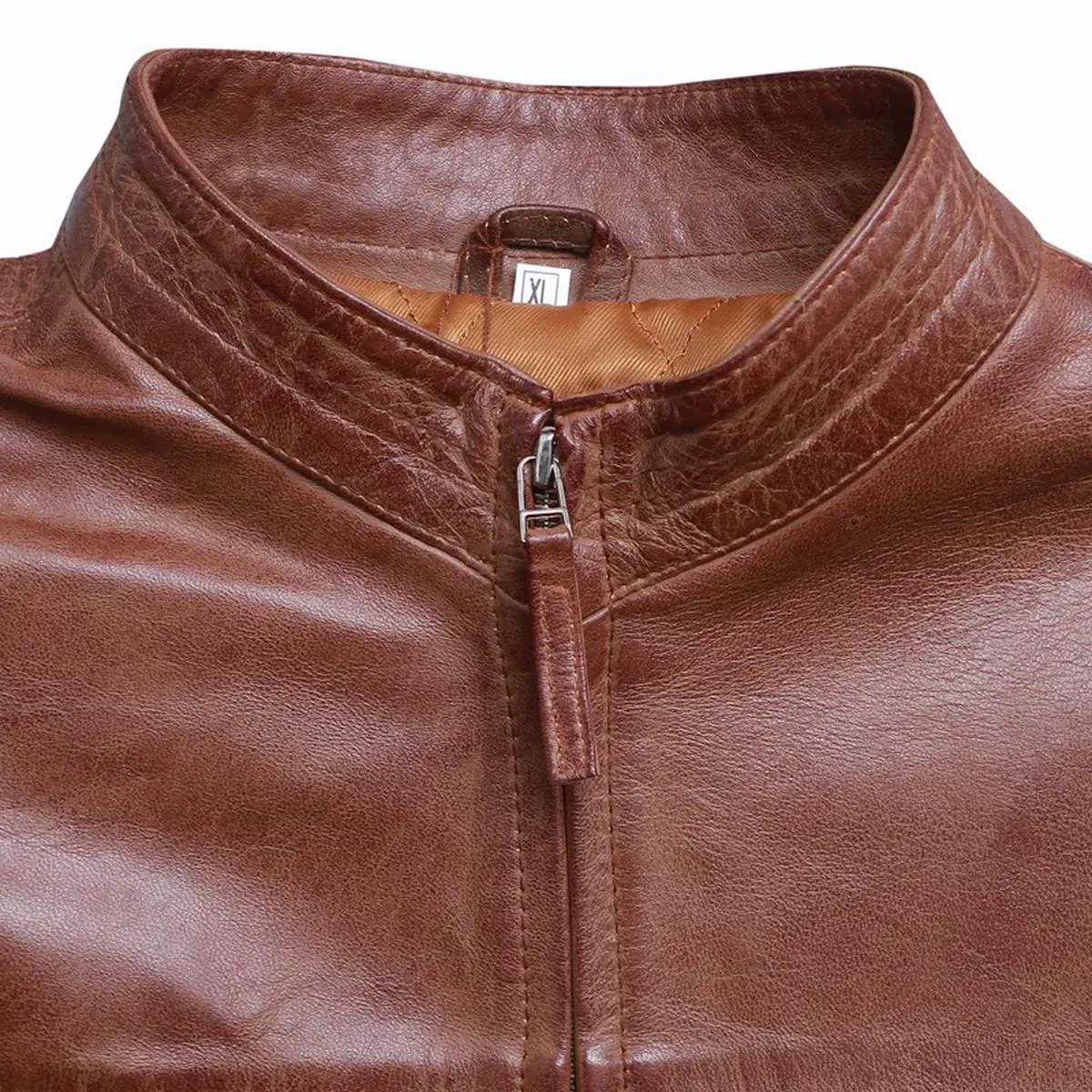 Giacca in pelle da motociclista marrone stile Cafe Racer per uomo