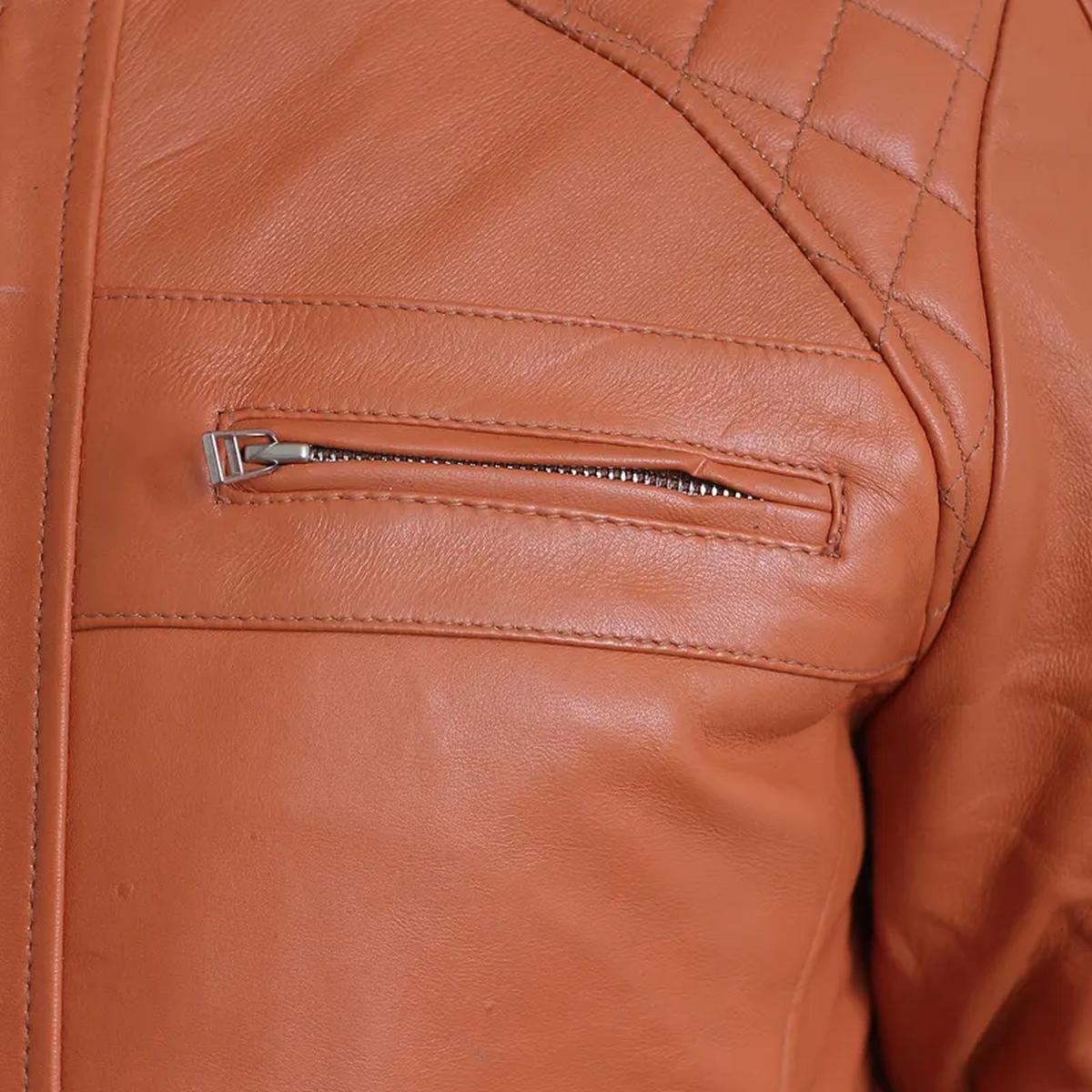 Giacca in pelle da motociclista con motivo a rombi marrone vintage