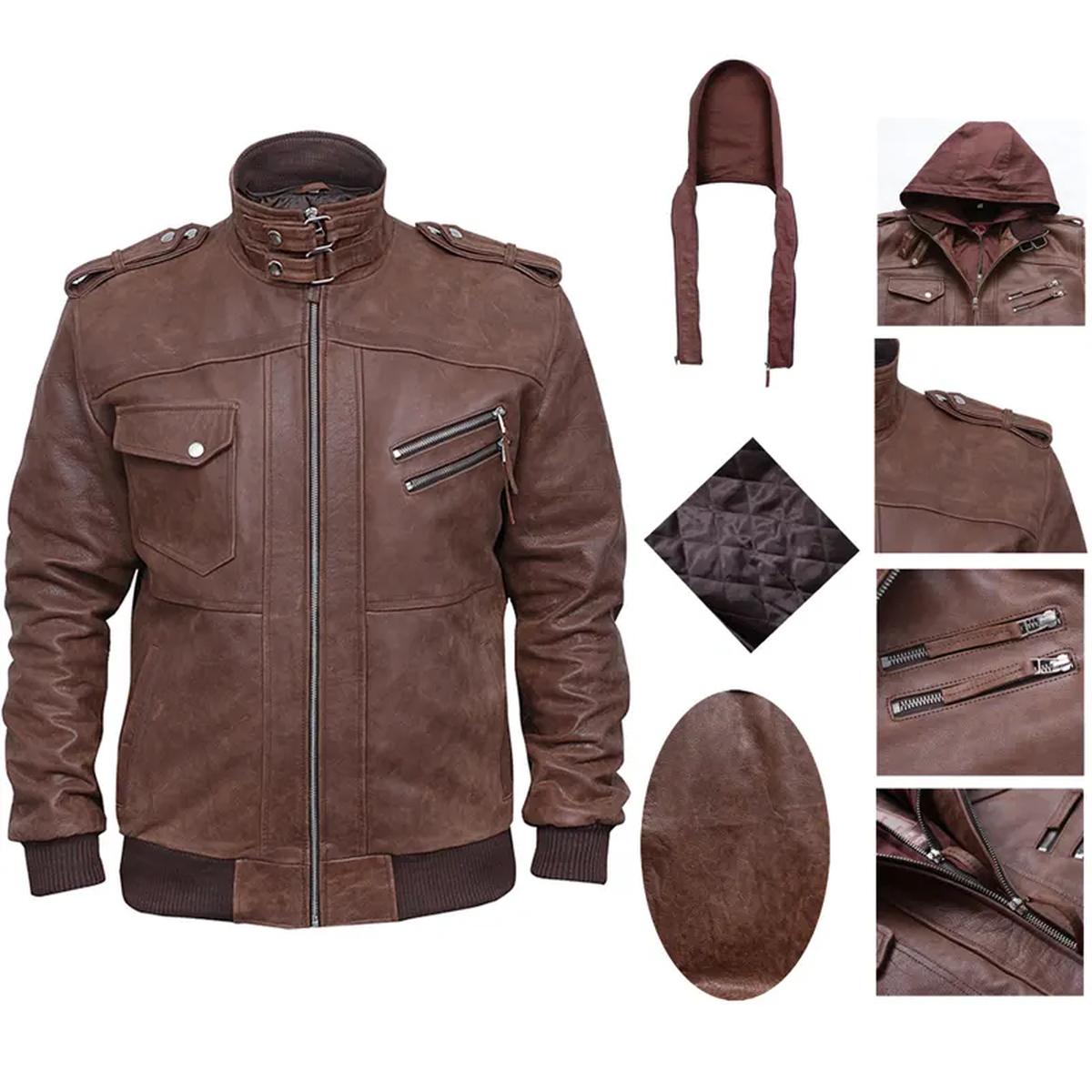 Giacca bomber marrone in pelle invecchiata da uomo con cappuccio