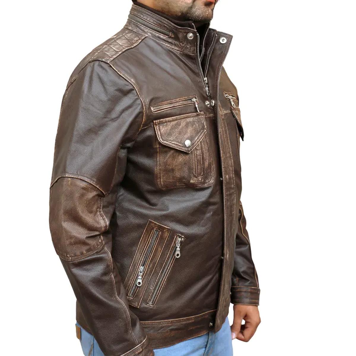 Giacca da motociclista da uomo in vera pelle marrone, stile Cafe Moto Racer