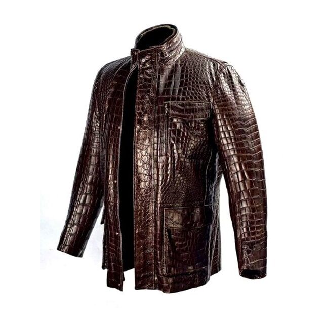 Giacca in similpelle marrone con stampa coccodrillo