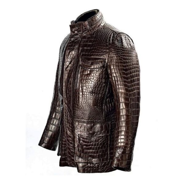 Giacca in similpelle marrone con stampa coccodrillo