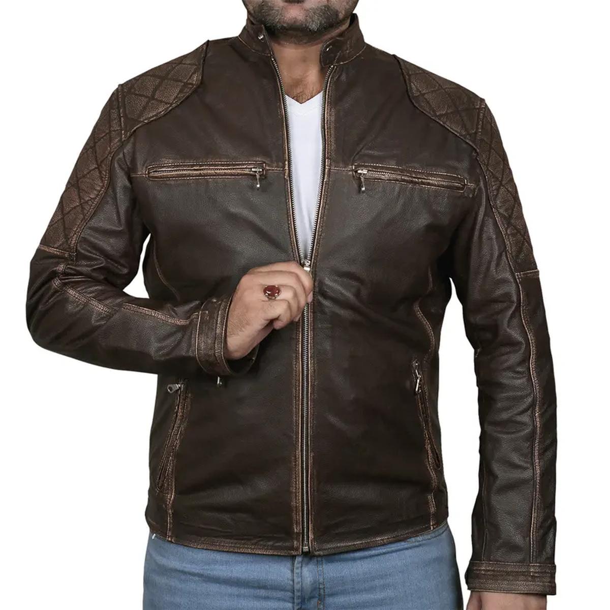 Giacca in pelle da motociclista classica Café Racer per uomo