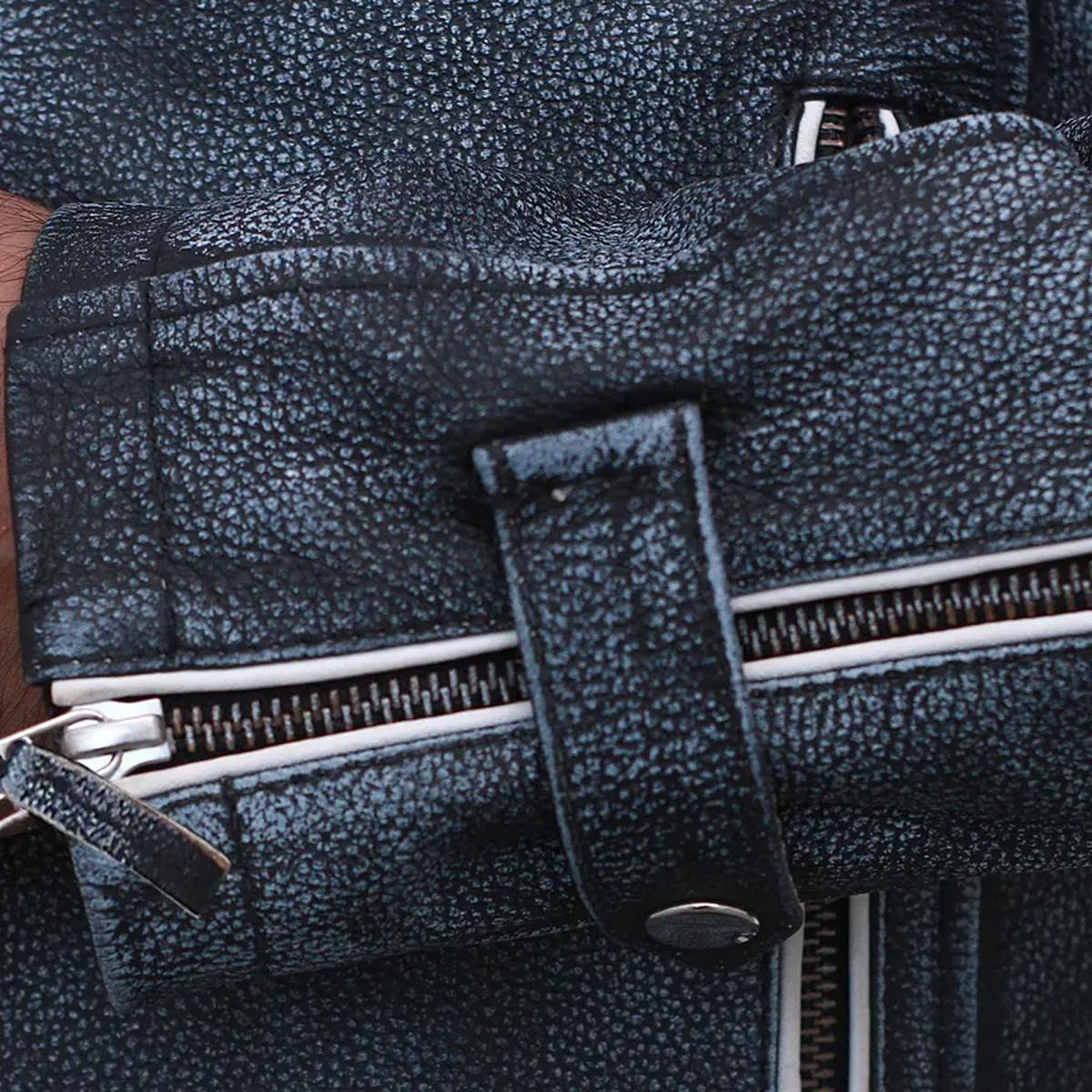 Giacca in pelle di pecora grigia da motociclista vintage per uomo
