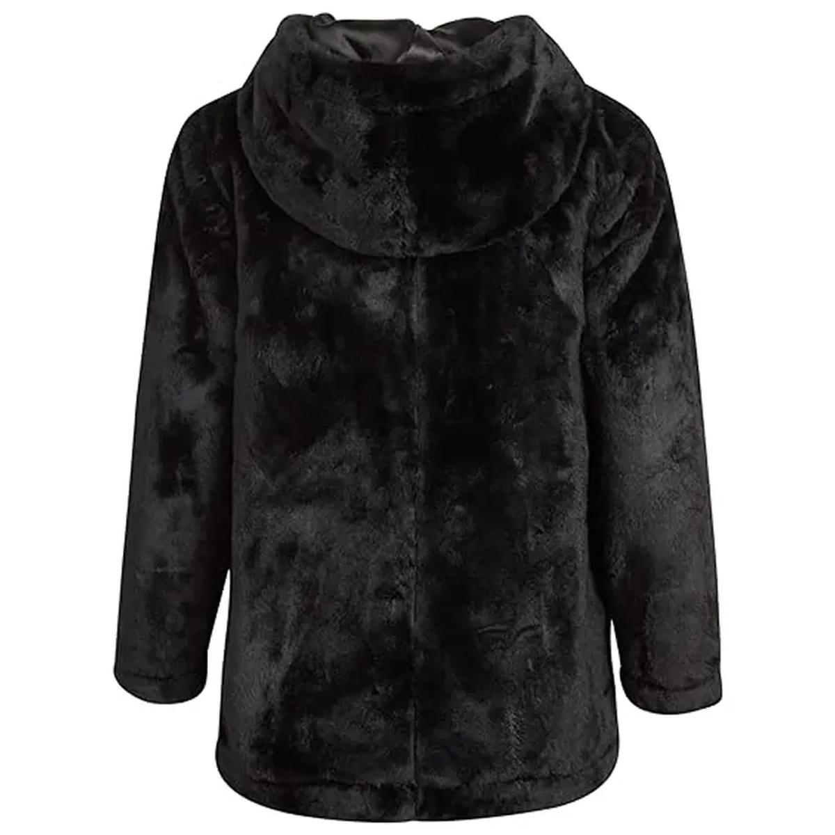 Cappotto in pelliccia sintetica nera con cappuccio