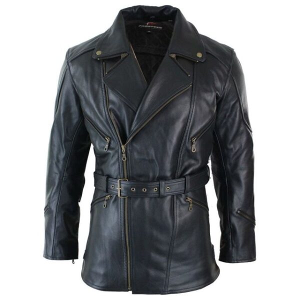 Cappotto in pelle nera classico tedesco da ufficiale