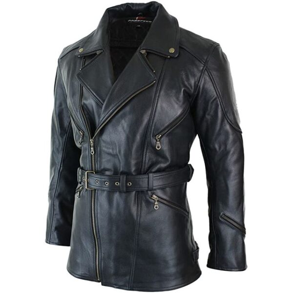 Cappotto in pelle nera classico tedesco da ufficiale