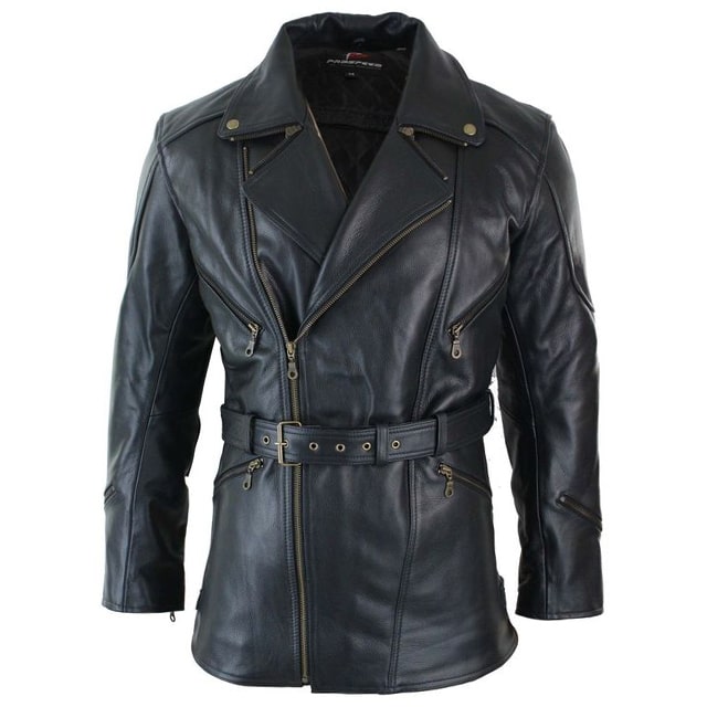 Cappotto in pelle nera classico tedesco da ufficiale