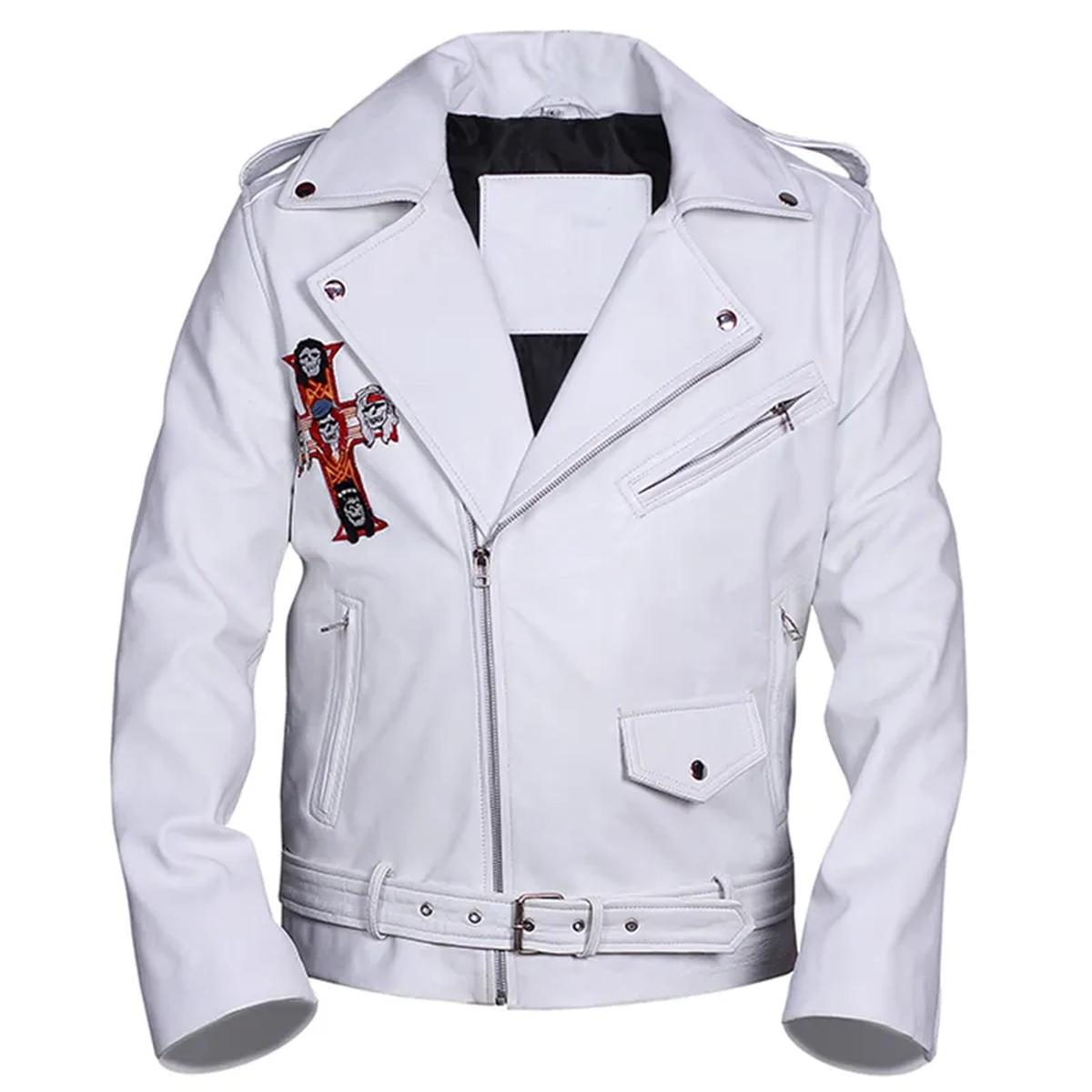Giacca da motociclista in pelle bianca dei Guns N Roses