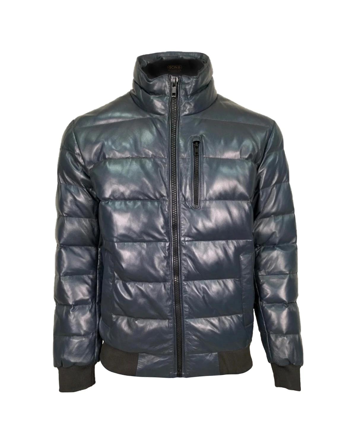 Giacca bomber in pelle di pecora imbottita da uomo, blu navy