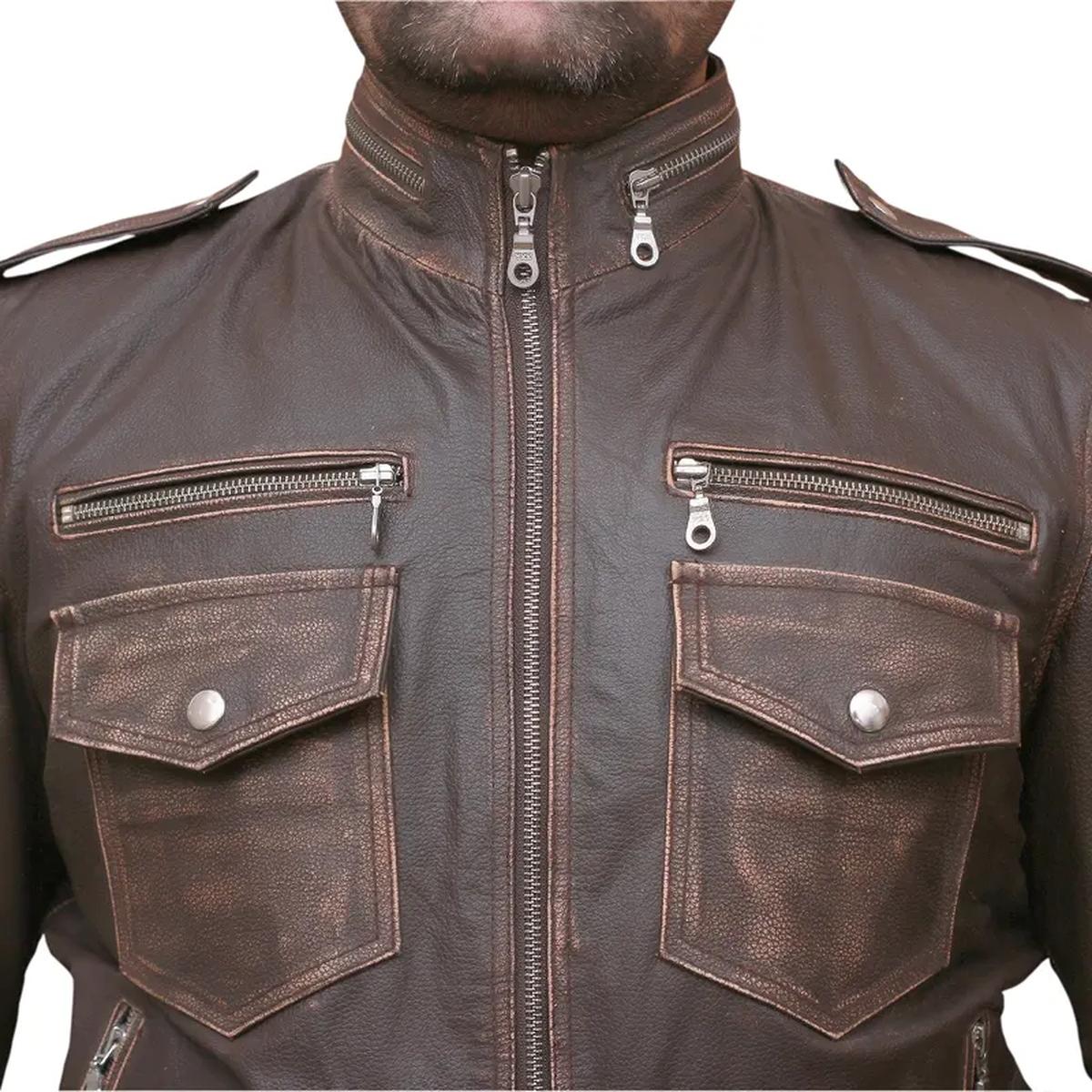 Giacca da motociclista in pelle di pecora marrone da uomo