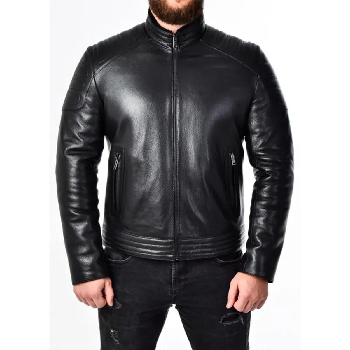 Giacca da motociclista imbottita in pelle nera da uomo