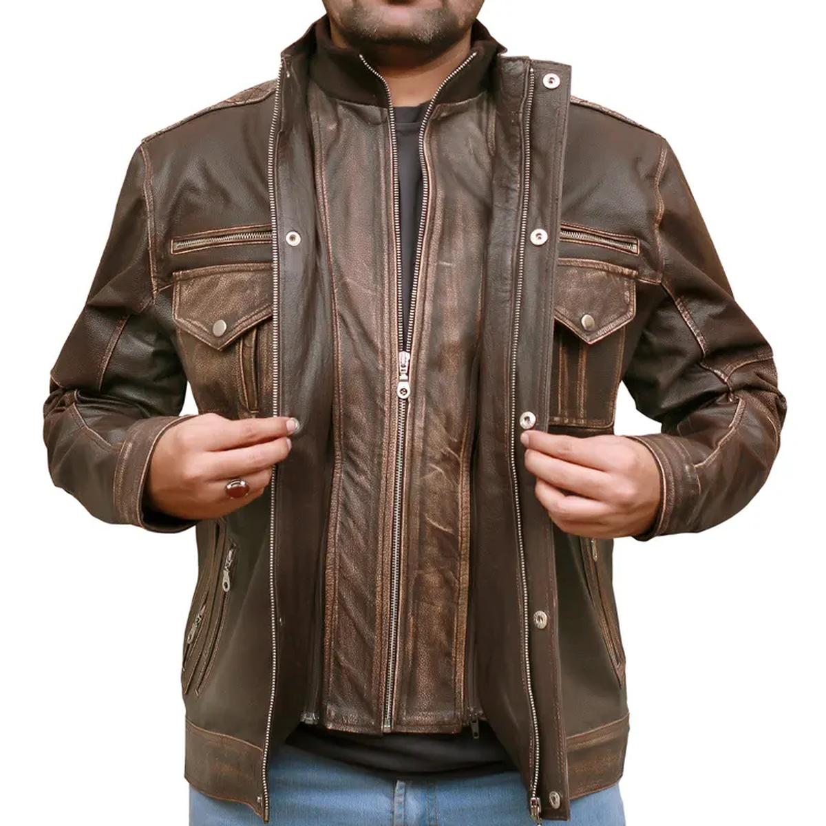 Giacca da motociclista da uomo in vera pelle marrone, stile Cafe Moto Racer