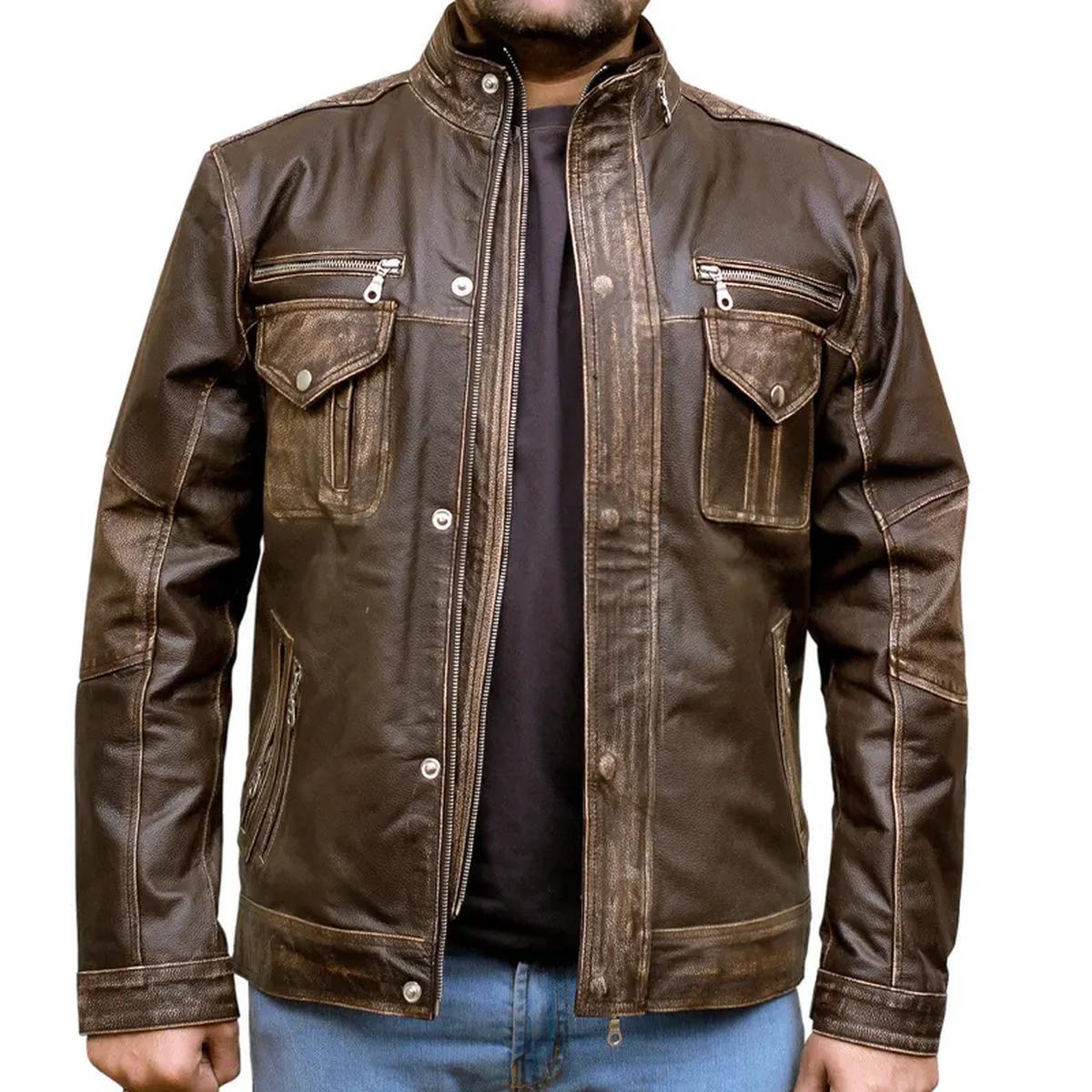 Giacca da motociclista da uomo in vera pelle marrone, stile Cafe Moto Racer