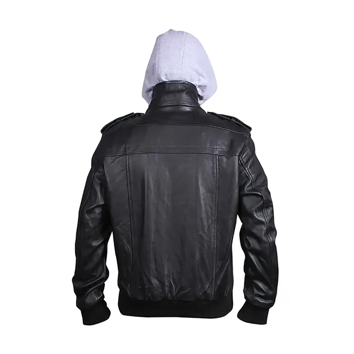 Giacca bomber in pelle invecchiata con cappuccio da uomo
