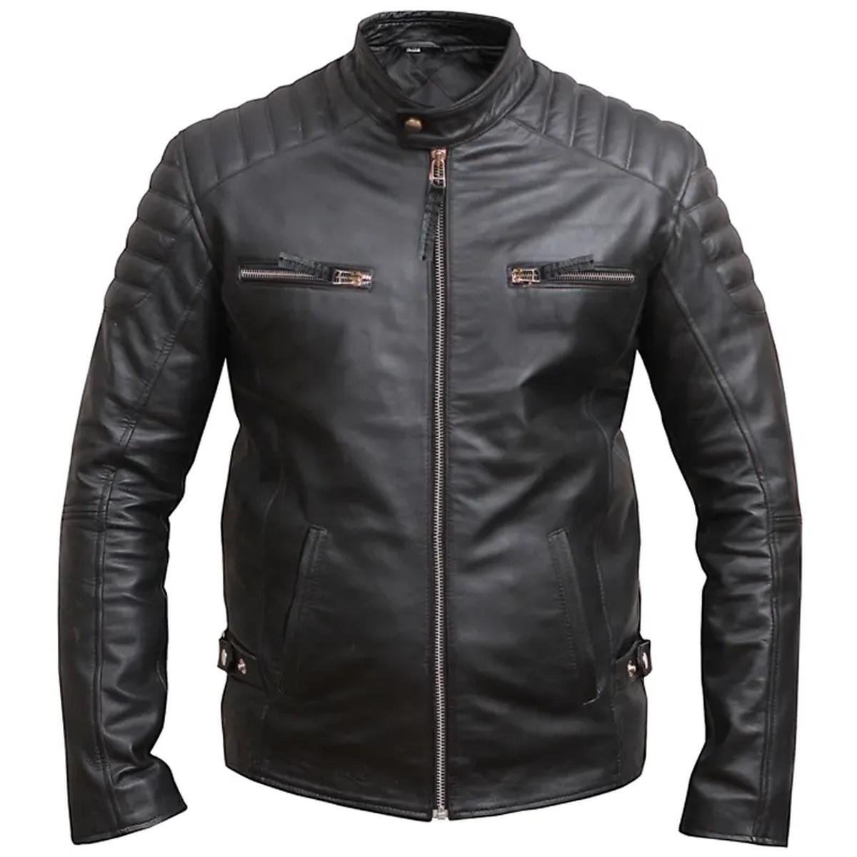 Giacca da motociclista in pelle nera anticata da uomo