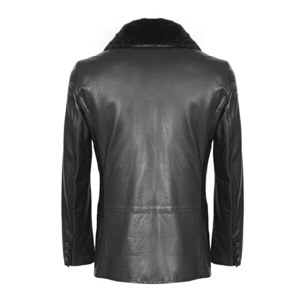 Cappotto doppiopetto in pelle con finiture in shearling nero
