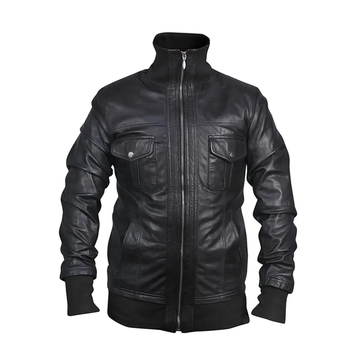 Giacca da motociclista in pelle nera slim fit da uomo