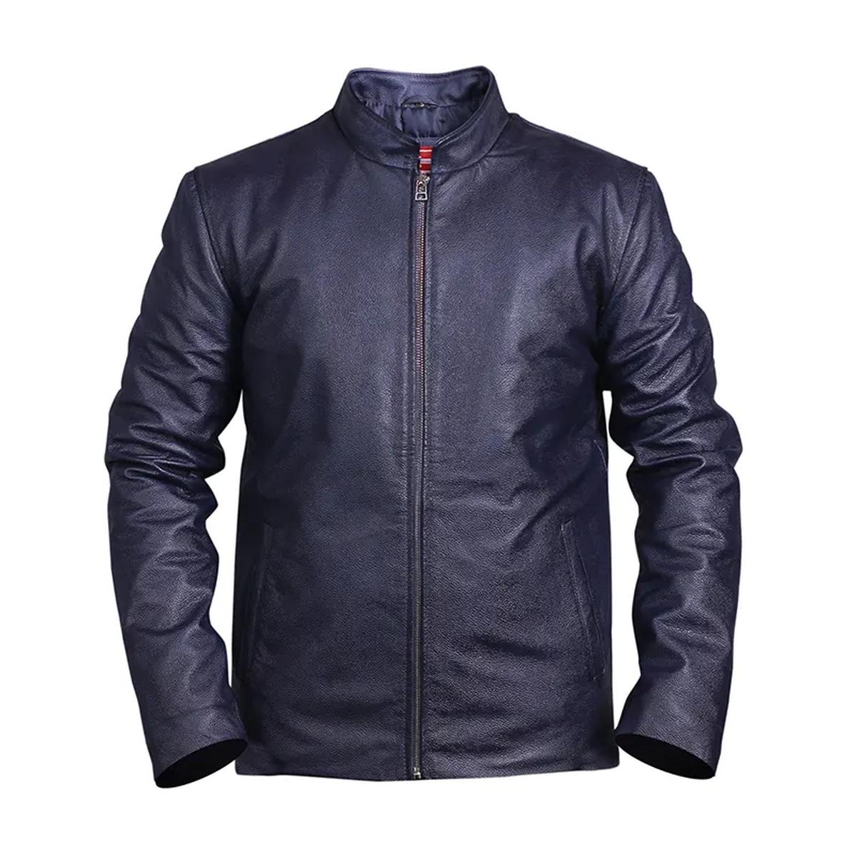 Giacca da motociclista in pelle alla moda blu da uomo
