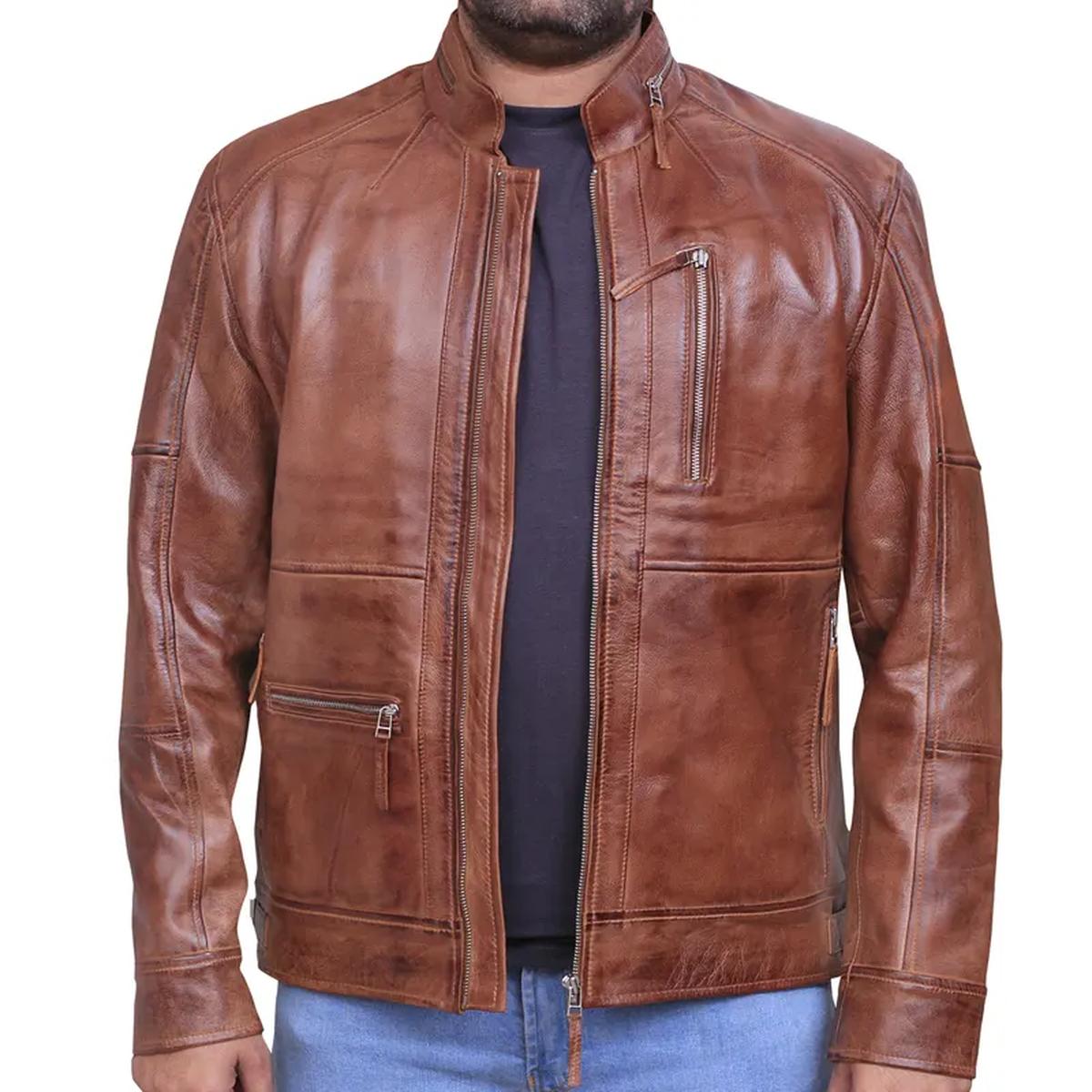 Giacca in pelle marrone vintage da uomo in stile Café Racer