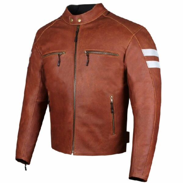Giacca da motociclista in pelle di vacchetta marrone da uomo