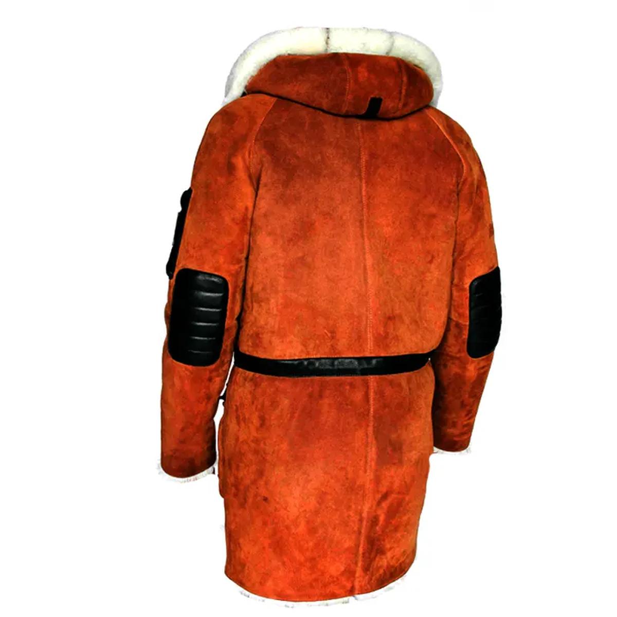 Cappotto da uomo in pelle marrone con cappuccio