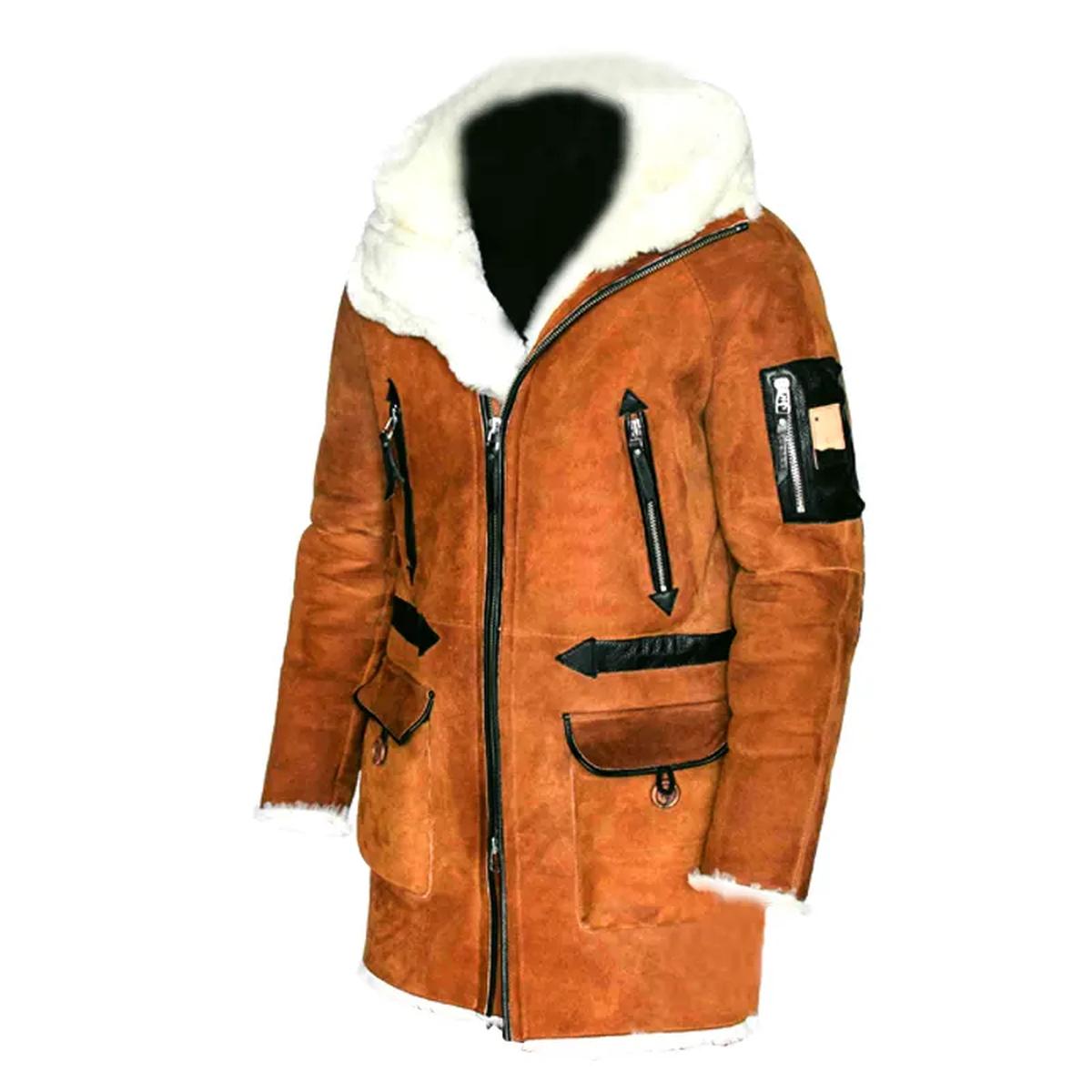 Cappotto da uomo in pelle marrone con cappuccio