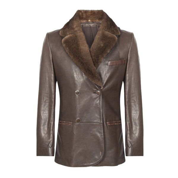 Cappotto doppiopetto in pelle con finiture in shearling marrone