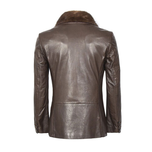 Cappotto doppiopetto in pelle con finiture in shearling marrone